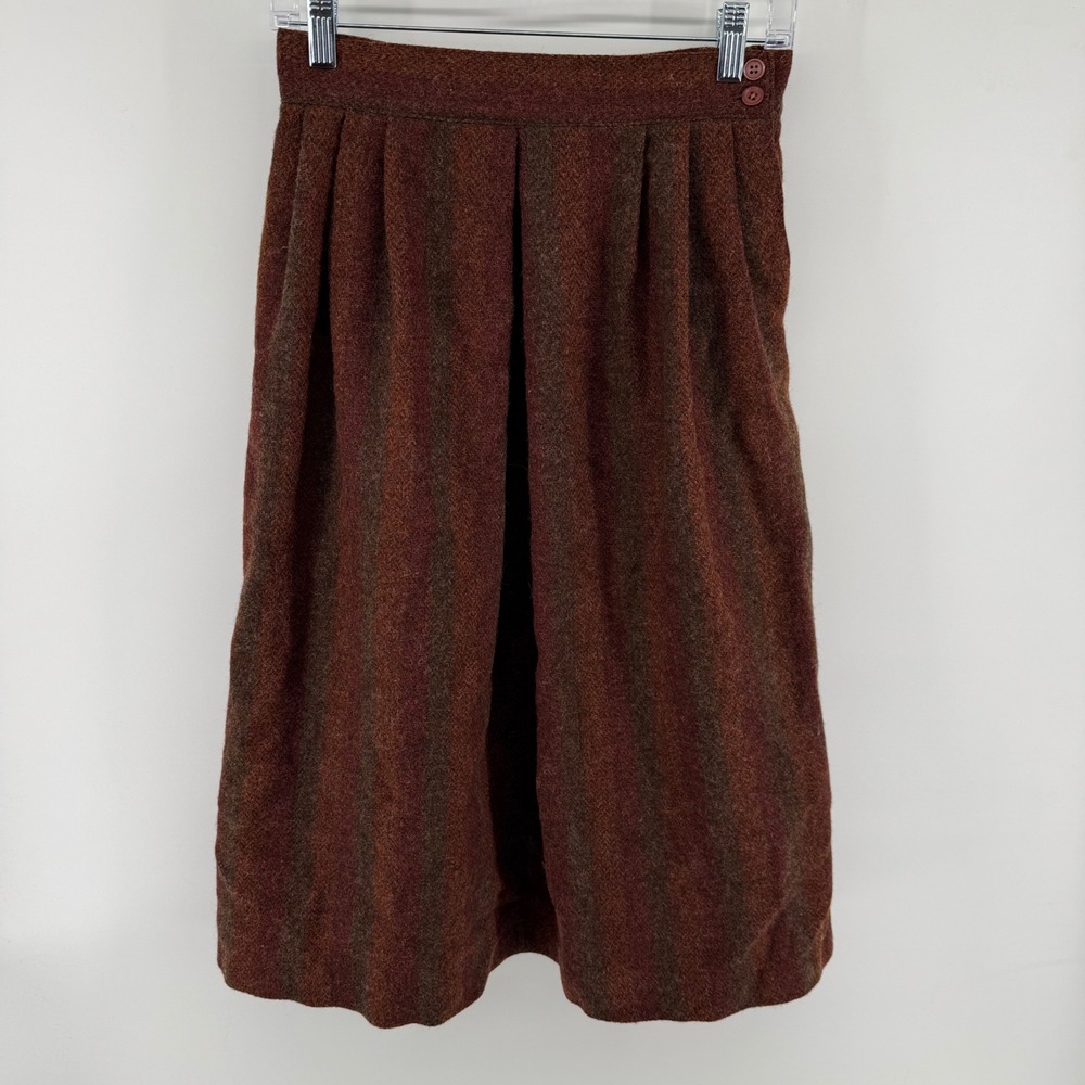 Vintage 100% Wool VSQ Cottagecore Grandma Striped Midi Skirt Brown Rust Size 10